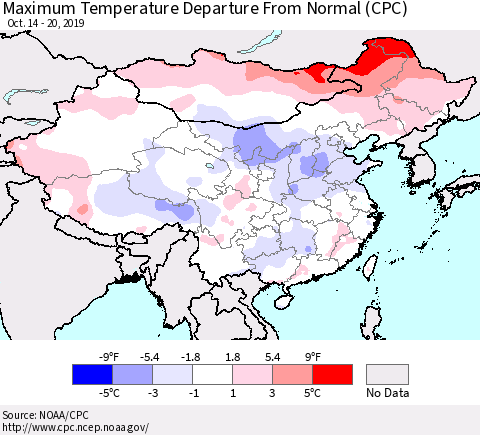 China and Taiwan Mean Maximum Temperature Departure from Normal (CPC) Thematic Map For 10/14/2019 - 10/20/2019