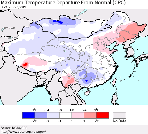 China and Taiwan Maximum Temperature Departure From Normal (CPC) Thematic Map For 10/21/2019 - 10/27/2019