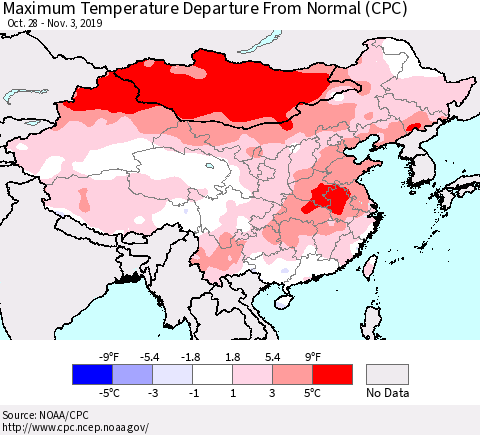 China and Taiwan Maximum Temperature Departure From Normal (CPC) Thematic Map For 10/28/2019 - 11/3/2019