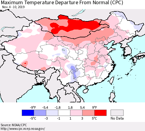 China and Taiwan Mean Maximum Temperature Departure from Normal (CPC) Thematic Map For 11/4/2019 - 11/10/2019