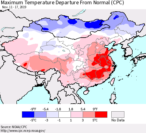 China and Taiwan Mean Maximum Temperature Departure from Normal (CPC) Thematic Map For 11/11/2019 - 11/17/2019