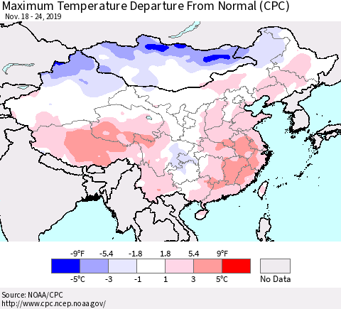 China, Mongolia and Taiwan Mean Maximum Temperature Departure from Normal (CPC) Thematic Map For 11/18/2019 - 11/24/2019