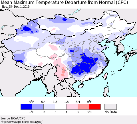 China and Taiwan Mean Maximum Temperature Departure from Normal (CPC) Thematic Map For 11/25/2019 - 12/1/2019