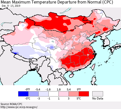 China and Taiwan Mean Maximum Temperature Departure from Normal (CPC) Thematic Map For 12/9/2019 - 12/15/2019