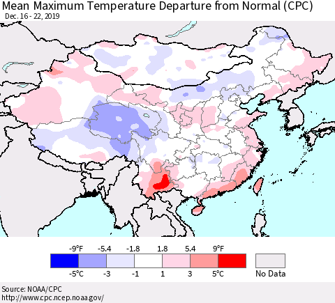 China and Taiwan Mean Maximum Temperature Departure from Normal (CPC) Thematic Map For 12/16/2019 - 12/22/2019
