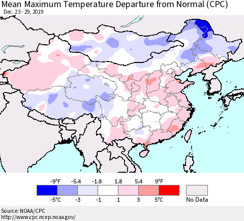 China and Taiwan Mean Maximum Temperature Departure from Normal (CPC) Thematic Map For 12/23/2019 - 12/29/2019