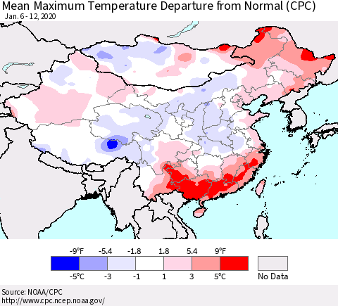 China, Mongolia and Taiwan Mean Maximum Temperature Departure from Normal (CPC) Thematic Map For 1/6/2020 - 1/12/2020