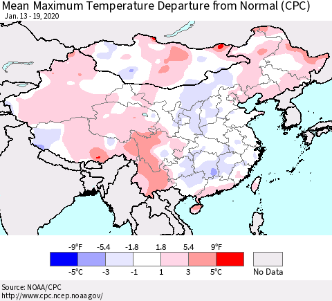 China and Taiwan Mean Maximum Temperature Departure from Normal (CPC) Thematic Map For 1/13/2020 - 1/19/2020