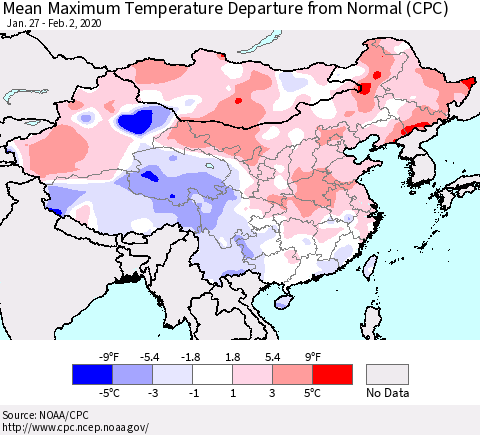 China and Taiwan Mean Maximum Temperature Departure from Normal (CPC) Thematic Map For 1/27/2020 - 2/2/2020