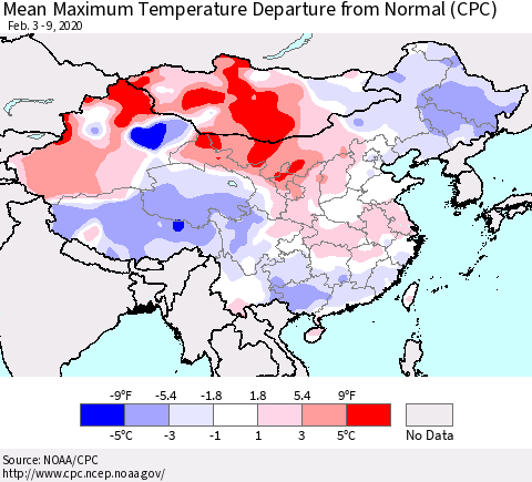 China, Mongolia and Taiwan Mean Maximum Temperature Departure from Normal (CPC) Thematic Map For 2/3/2020 - 2/9/2020