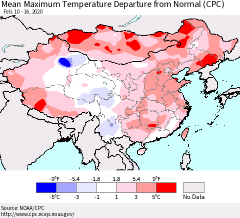 China and Taiwan Mean Maximum Temperature Departure from Normal (CPC) Thematic Map For 2/10/2020 - 2/16/2020