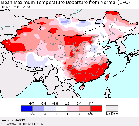 China and Taiwan Mean Maximum Temperature Departure from Normal (CPC) Thematic Map For 2/24/2020 - 3/1/2020