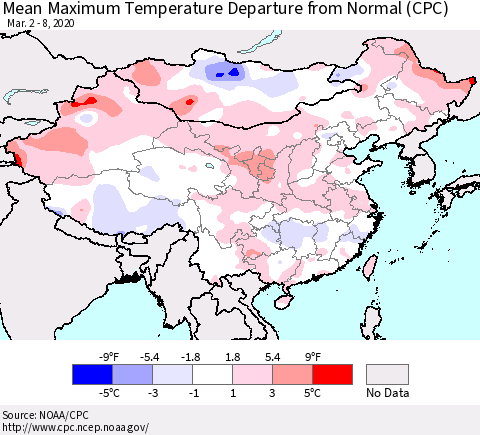 China and Taiwan Mean Maximum Temperature Departure from Normal (CPC) Thematic Map For 3/2/2020 - 3/8/2020