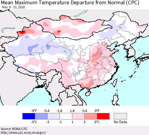 China and Taiwan Mean Maximum Temperature Departure from Normal (CPC) Thematic Map For 3/9/2020 - 3/15/2020