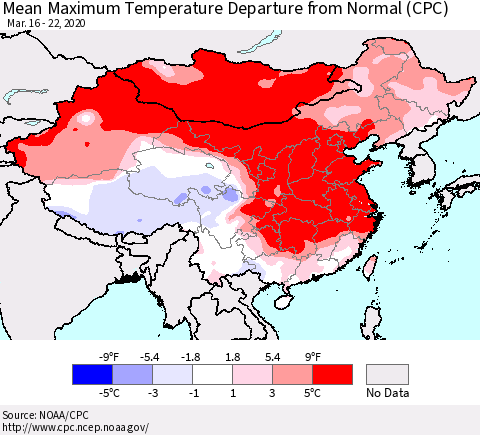 China, Mongolia and Taiwan Mean Maximum Temperature Departure from Normal (CPC) Thematic Map For 3/16/2020 - 3/22/2020