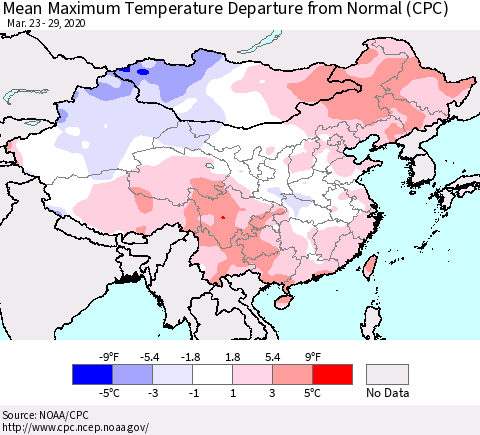 China and Taiwan Mean Maximum Temperature Departure from Normal (CPC) Thematic Map For 3/23/2020 - 3/29/2020