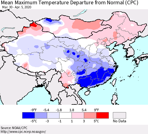 China, Mongolia and Taiwan Mean Maximum Temperature Departure from Normal (CPC) Thematic Map For 3/30/2020 - 4/5/2020