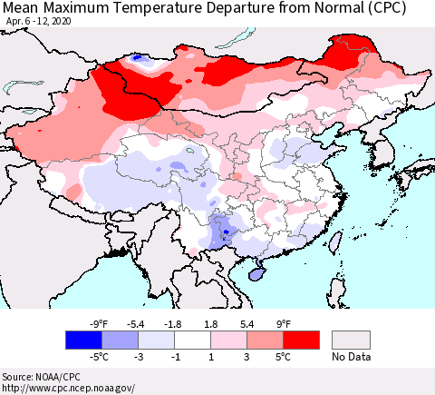 China and Taiwan Mean Maximum Temperature Departure from Normal (CPC) Thematic Map For 4/6/2020 - 4/12/2020