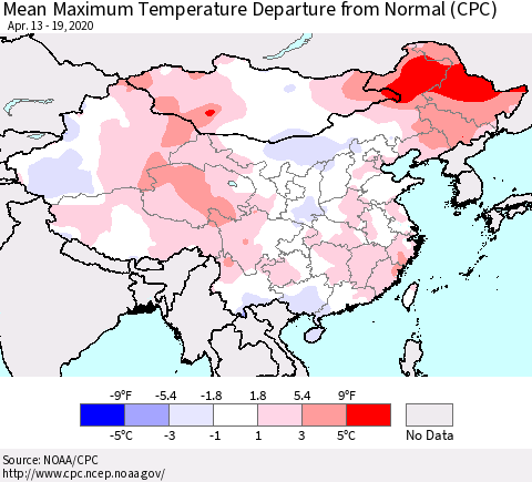 China and Taiwan Mean Maximum Temperature Departure from Normal (CPC) Thematic Map For 4/13/2020 - 4/19/2020