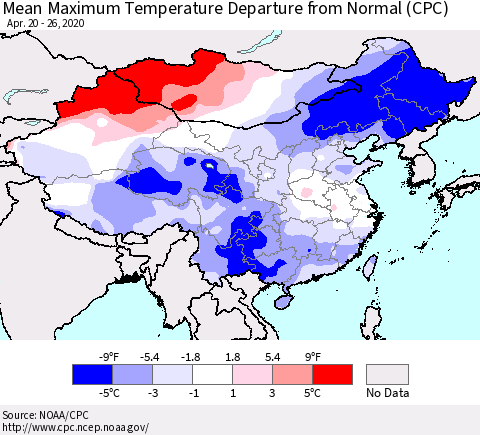 China and Taiwan Mean Maximum Temperature Departure from Normal (CPC) Thematic Map For 4/20/2020 - 4/26/2020