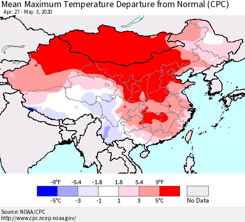 China and Taiwan Mean Maximum Temperature Departure from Normal (CPC) Thematic Map For 4/27/2020 - 5/3/2020