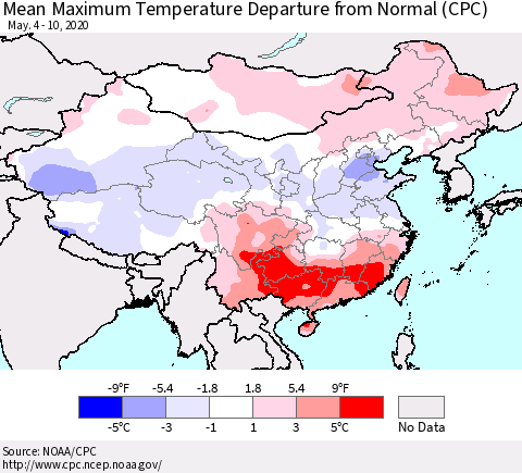 China and Taiwan Mean Maximum Temperature Departure from Normal (CPC) Thematic Map For 5/4/2020 - 5/10/2020