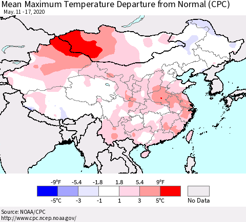 China and Taiwan Mean Maximum Temperature Departure from Normal (CPC) Thematic Map For 5/11/2020 - 5/17/2020