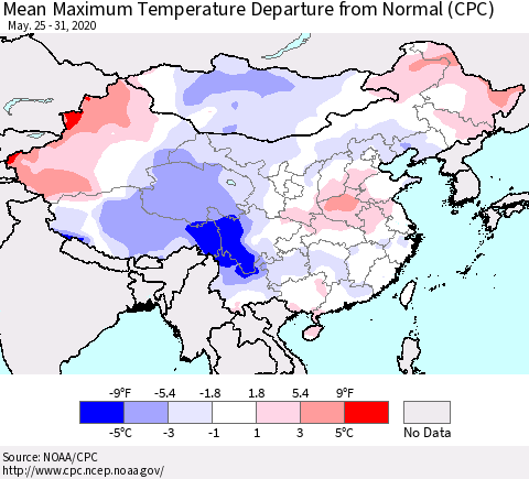 China and Taiwan Mean Maximum Temperature Departure from Normal (CPC) Thematic Map For 5/25/2020 - 5/31/2020