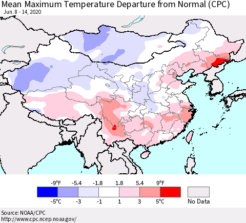 China and Taiwan Mean Maximum Temperature Departure from Normal (CPC) Thematic Map For 6/8/2020 - 6/14/2020