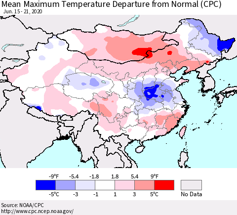 China, Mongolia and Taiwan Mean Maximum Temperature Departure from Normal (CPC) Thematic Map For 6/15/2020 - 6/21/2020