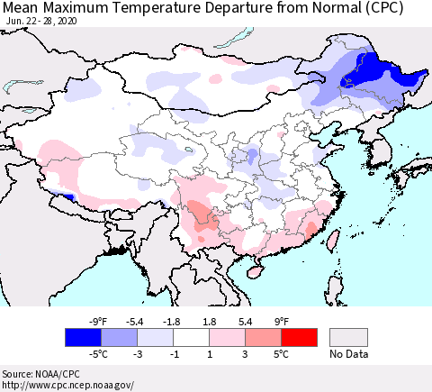 China and Taiwan Mean Maximum Temperature Departure from Normal (CPC) Thematic Map For 6/22/2020 - 6/28/2020