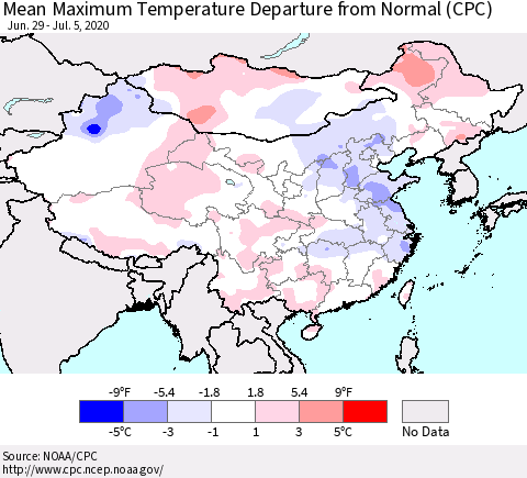 China and Taiwan Mean Maximum Temperature Departure from Normal (CPC) Thematic Map For 6/29/2020 - 7/5/2020