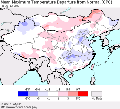 China, Mongolia and Taiwan Mean Maximum Temperature Departure from Normal (CPC) Thematic Map For 7/6/2020 - 7/12/2020
