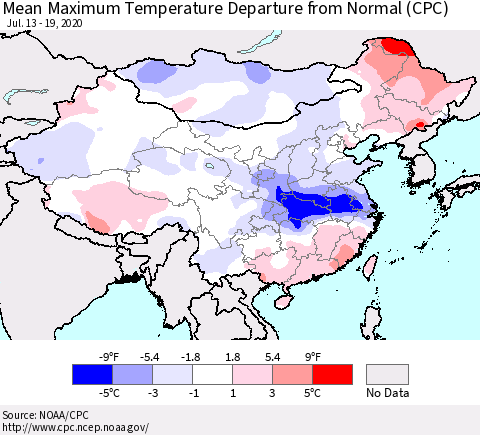 China, Mongolia and Taiwan Mean Maximum Temperature Departure from Normal (CPC) Thematic Map For 7/13/2020 - 7/19/2020