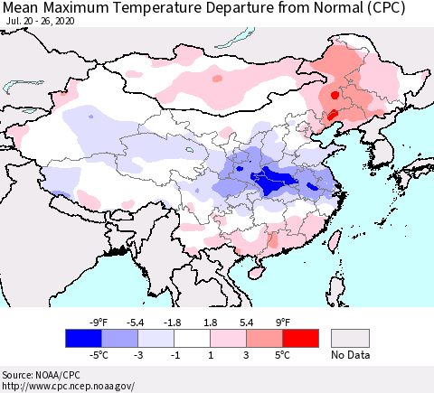 China, Mongolia and Taiwan Mean Maximum Temperature Departure from Normal (CPC) Thematic Map For 7/20/2020 - 7/26/2020