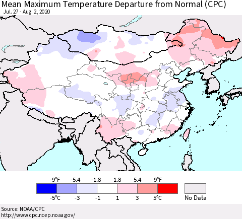 China, Mongolia and Taiwan Mean Maximum Temperature Departure from Normal (CPC) Thematic Map For 7/27/2020 - 8/2/2020
