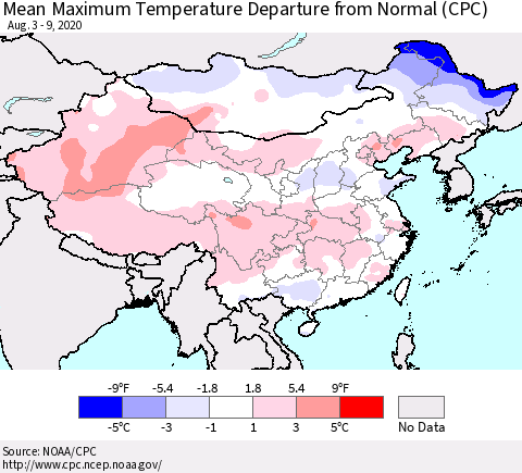 China, Mongolia and Taiwan Mean Maximum Temperature Departure from Normal (CPC) Thematic Map For 8/3/2020 - 8/9/2020