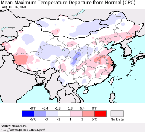 China, Mongolia and Taiwan Mean Maximum Temperature Departure from Normal (CPC) Thematic Map For 8/10/2020 - 8/16/2020