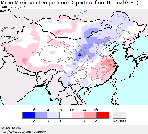 China, Mongolia and Taiwan Mean Maximum Temperature Departure from Normal (CPC) Thematic Map For 8/17/2020 - 8/23/2020