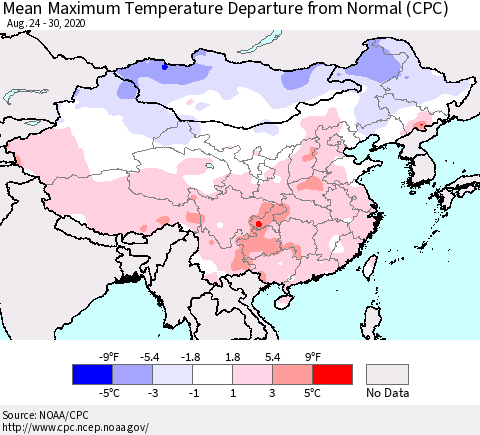 China, Mongolia and Taiwan Mean Maximum Temperature Departure from Normal (CPC) Thematic Map For 8/24/2020 - 8/30/2020