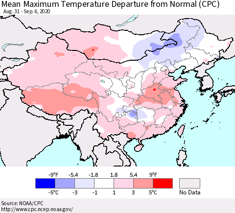 China, Mongolia and Taiwan Mean Maximum Temperature Departure from Normal (CPC) Thematic Map For 8/31/2020 - 9/6/2020