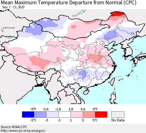 China, Mongolia and Taiwan Mean Maximum Temperature Departure from Normal (CPC) Thematic Map For 9/7/2020 - 9/13/2020