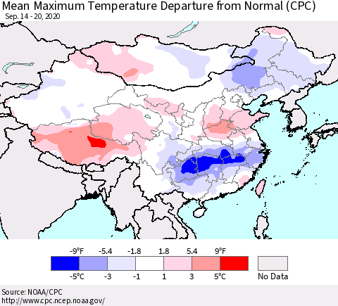 China, Mongolia and Taiwan Mean Maximum Temperature Departure from Normal (CPC) Thematic Map For 9/14/2020 - 9/20/2020