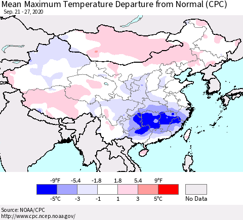 China, Mongolia and Taiwan Mean Maximum Temperature Departure from Normal (CPC) Thematic Map For 9/21/2020 - 9/27/2020