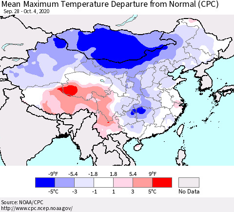 China, Mongolia and Taiwan Mean Maximum Temperature Departure from Normal (CPC) Thematic Map For 9/28/2020 - 10/4/2020