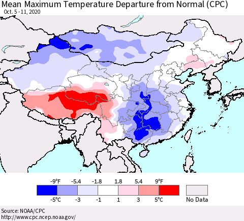 China, Mongolia and Taiwan Mean Maximum Temperature Departure from Normal (CPC) Thematic Map For 10/5/2020 - 10/11/2020