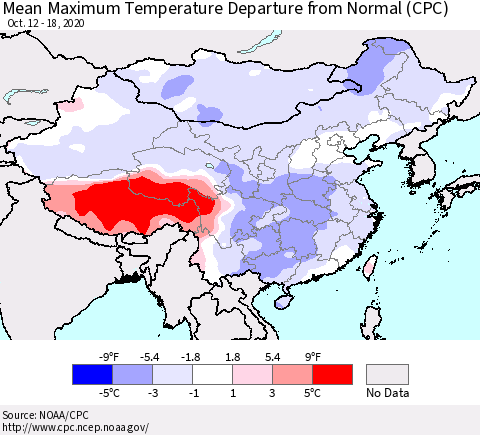 China, Mongolia and Taiwan Mean Maximum Temperature Departure from Normal (CPC) Thematic Map For 10/12/2020 - 10/18/2020