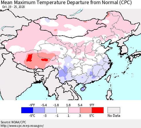 China, Mongolia and Taiwan Mean Maximum Temperature Departure from Normal (CPC) Thematic Map For 10/19/2020 - 10/25/2020
