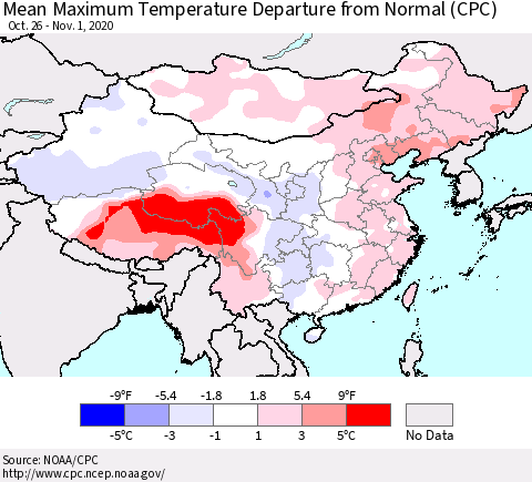 China, Mongolia and Taiwan Mean Maximum Temperature Departure from Normal (CPC) Thematic Map For 10/26/2020 - 11/1/2020