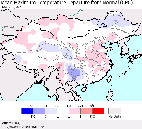 China, Mongolia and Taiwan Mean Maximum Temperature Departure from Normal (CPC) Thematic Map For 11/2/2020 - 11/8/2020